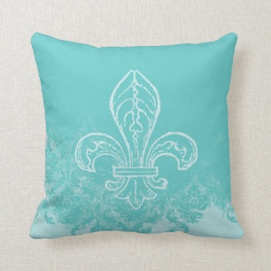 Franse Fleur de Lis Aqua Damask Kussen