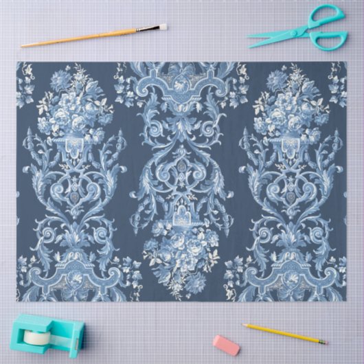 Franse Floral Elegant  Blue White ontlepage Tissuepapier (Craft)