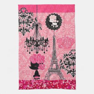 Franse gierige Eiffeltoren, puppy & Damask Elegant Theedoek
