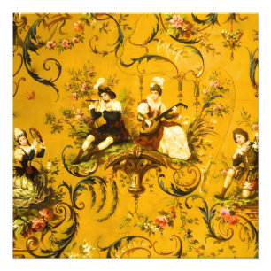 Franse Gouden Gele Toile Victoriaans Bloemen Foto Afdruk