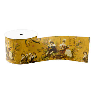Franse Gouden Gele Toile Victoriaans Bloemen Grosgrain Lint