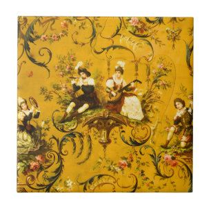  Franse Gouden Gele Toile Victoriaans Bloemen Tegeltje