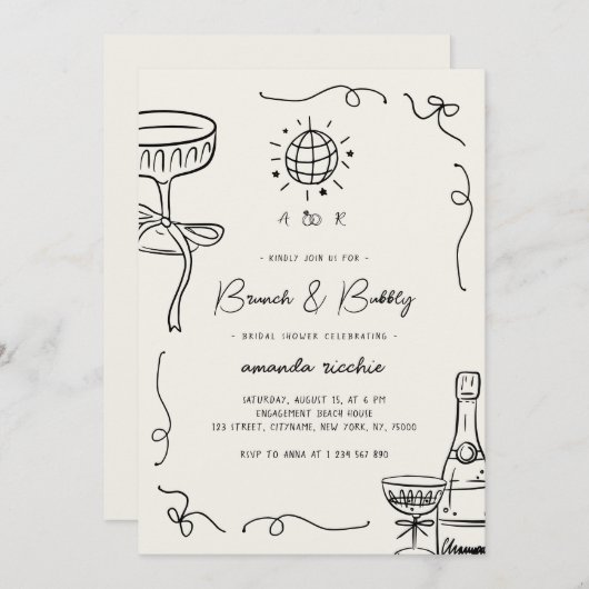 Franse handgetekende brunch en bubbelig Vrijgezell Kaart (Voorkant / Achterkant)