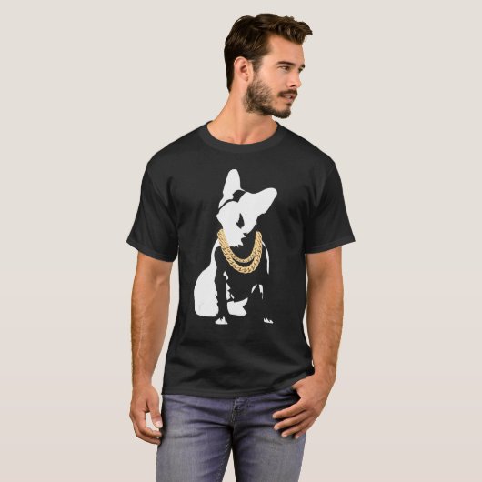 Franse hond met gouden Ketting franchie met Go T-shirt (Voorkant volledig)