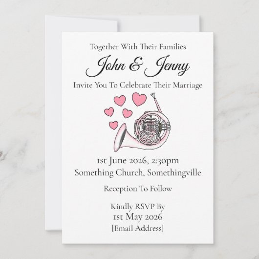 Franse hoorn bruiloft uitnodiging messing muzikant (Voorkant)