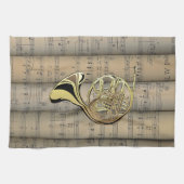 Franse hoorn ~ Rollend blad Muziek Terug ~ Musical Theedoek (Horizontaal)