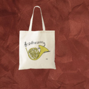 Franse hoorn tekening wervelde muziek personeel    tote bag