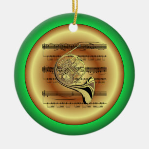 Franse Horn~Sheet Music~Red/Green/Gold~Kerst~ Keramisch Ornament