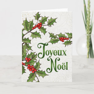 Franse Joyeux Noel rode en groene Holly bessen Feestdagen Kaart