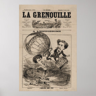 Franse karikatuur van ballonvaarder in heteluchtba poster