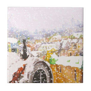 Franse kat op het dak tegeltje