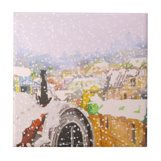 Franse kat op het dak tegeltje (Voorkant)