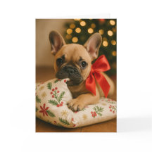 Franse Kerstkaart – Puppy op Kussen