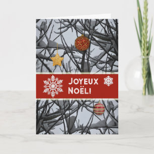 Franse kerstversiering op besneeuwde takken feestdagen kaart