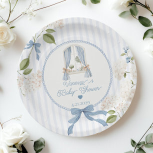 Franse kinderkamer baby shower blauwe strepen stri papieren bordje