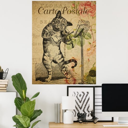 Franse kunstdrukken, kat en fiets Poster (Thuiskantoor)