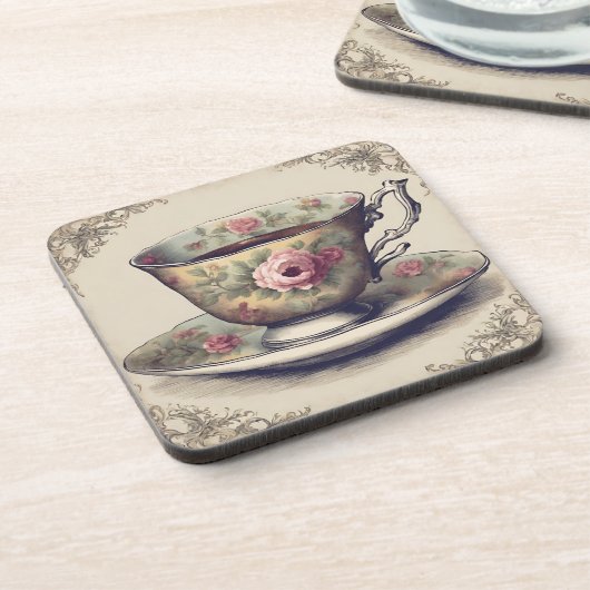 Franse land Shabby Chic Bloemen Tea Cup Bier Onderzetter (Linkerzijde)