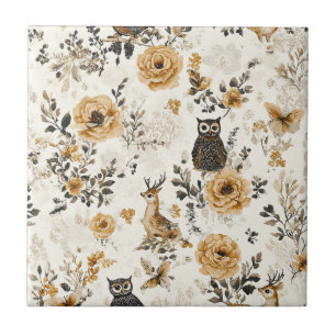 Franse landelijke beige uil bloempatroon tegeltje