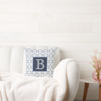 Franse landelijke blauwe en witte monogramkussen kussen