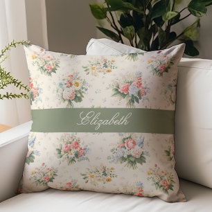 Franse Landelijke Bloemrijke Script Monogram Naam Kussen