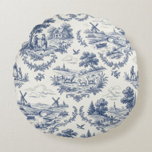Franse Landelijke Stijl - Blauwe & Crème Toile Pla Rond Kussen