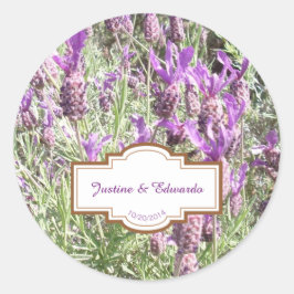 Franse lavendel bloemen gepersonaliseerde bruiloft ronde sticker