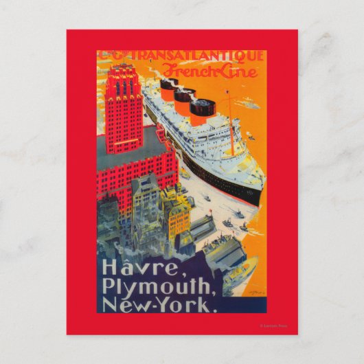 Franse lijnreisposter, Havre-to-Plymouth, NY Briefkaart (Voorkant)
