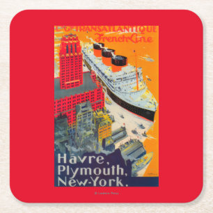 Franse lijnreisposter, Havre-to-Plymouth, NY Vierkante Kartonnen Onderzetter
