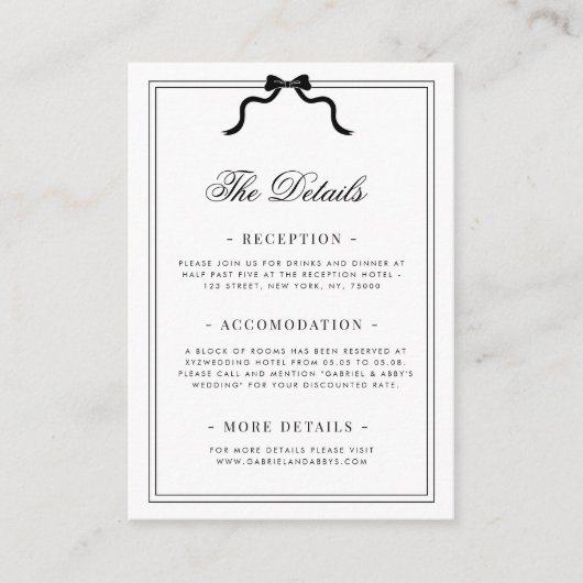 Franse lint boog kam monogram bruiloft details informatiekaartje (Voorkant)