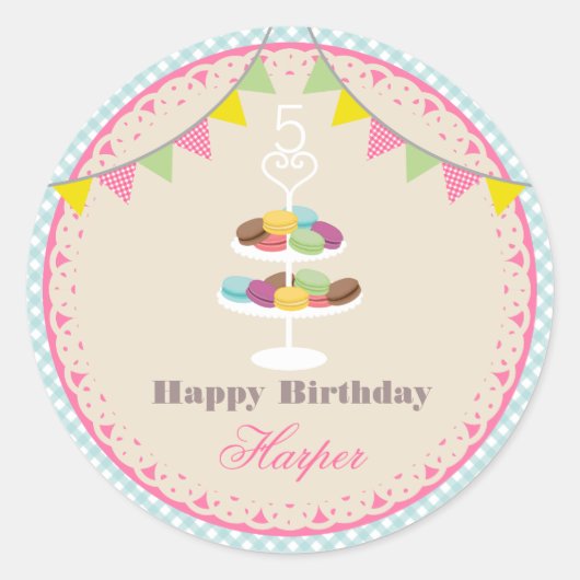 Franse Macarons Birthday Party Blue Gingham Ronde Sticker (Voorkant)