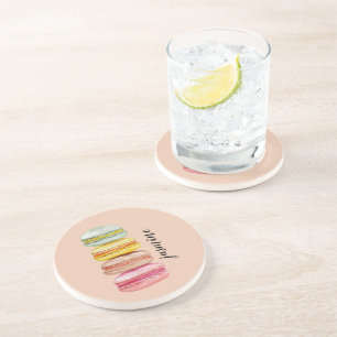 Franse Macarons Waterverf handgeschilderd monogram Zandsteen Onderzetter