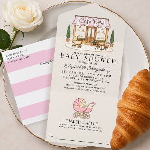 Franse Paris Café Bébé Girl Baby Shower All In One Uitnodiging