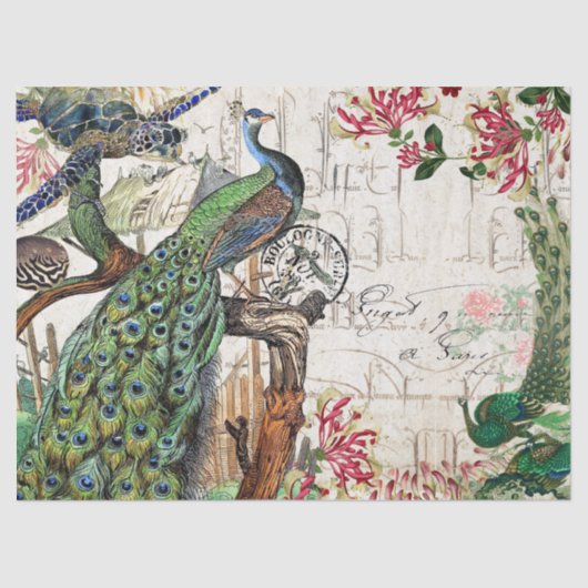Franse "Peacock Bird Turtle Blowfish Flowers" Tissuepapier (Voorkant)