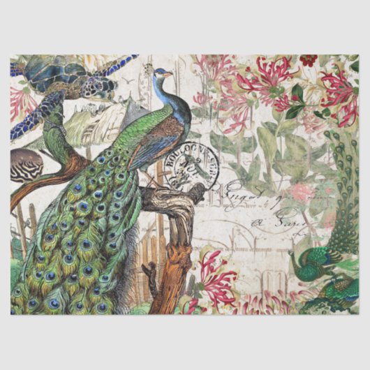 Franse "Peacock Bird Turtle Blowfish Flowers" Tissuepapier (Voorkant)