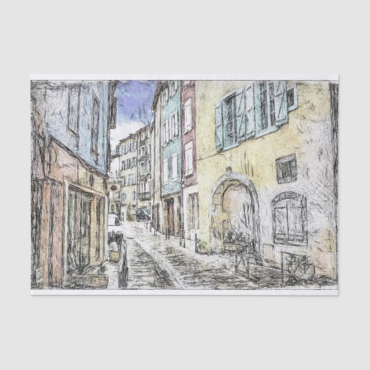 Franse Riviera Street Buildings Schets Decoupage Tissuepapier (Voorkant)
