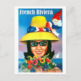 Franse riviera, zonnebril met geel pet briefkaart