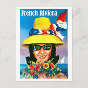 Franse riviera, zonnebril vrouw met gele hoed briefkaart