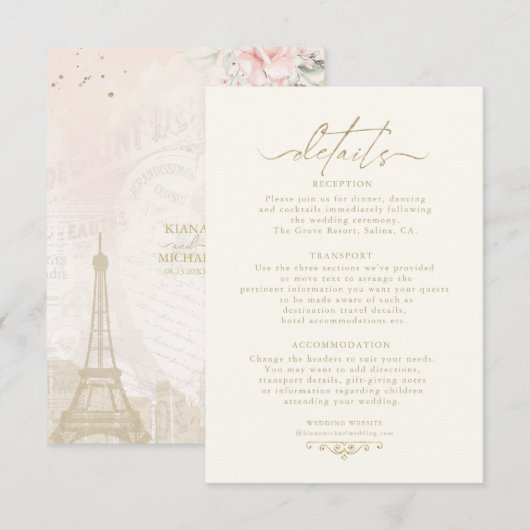 Franse Romance Wedding Details Blush ID870 Informatiekaartje (Voorkant / Achterkant)