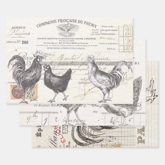 Franse Rooster Hen Receipt Ephemera ontkoppelde vo Inpakpapier Vel (Set)