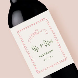 Franse Roze en Groene Mr & Mrs Trouw Monogram Wijn Etiket