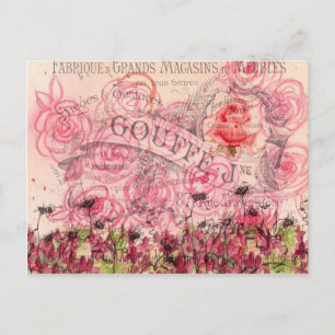 Franse roze roze bloem Waterverf collage Briefkaart