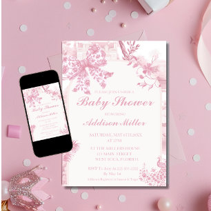 Franse Roze Toile Bloemen Bow Baby Meisje Douche Save The Date