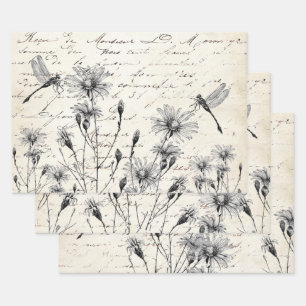 Franse Script Wildflower Libelle Decoupage Ambacht Inpakpapier Vel