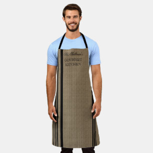 Franse stijl Stripe Burlap Kijk uit   Zwarte naam Schort