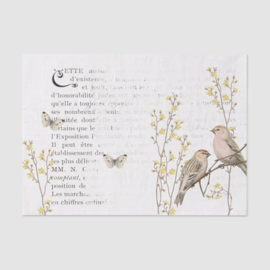 Franse tekst Redpoll Vogel Geel Bloem Decoupage Tissuepapier (Voorkant)