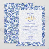 Franse Toile Blue Floral Crest Wedding Kaart (Voorkant / Achterkant)