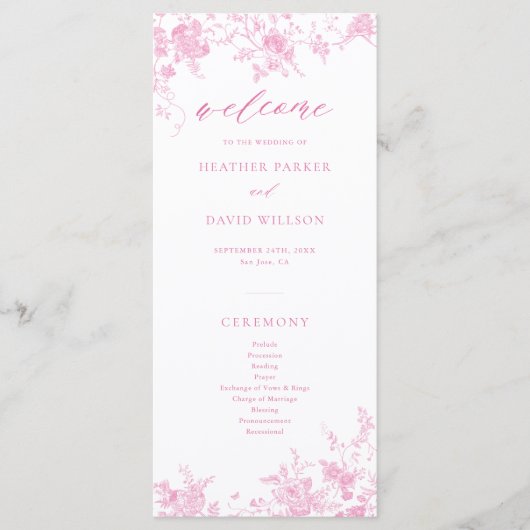 Franse Toile Classic Roze Bloemen Huwelijk Programma (Voorkant)