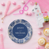 Franse Toile de Jouy Blauw Wit Elegant Huwelijk Papieren Bordje (Feest)