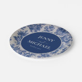 Franse Toile de Jouy Blauw Wit Elegant Huwelijk Papieren Bordje (Gekanteld)