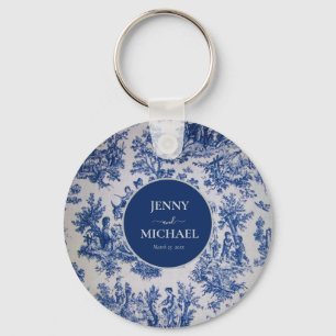 Franse Toile de Jouy Blauw Wit Elegant Huwelijk Sleutelhanger